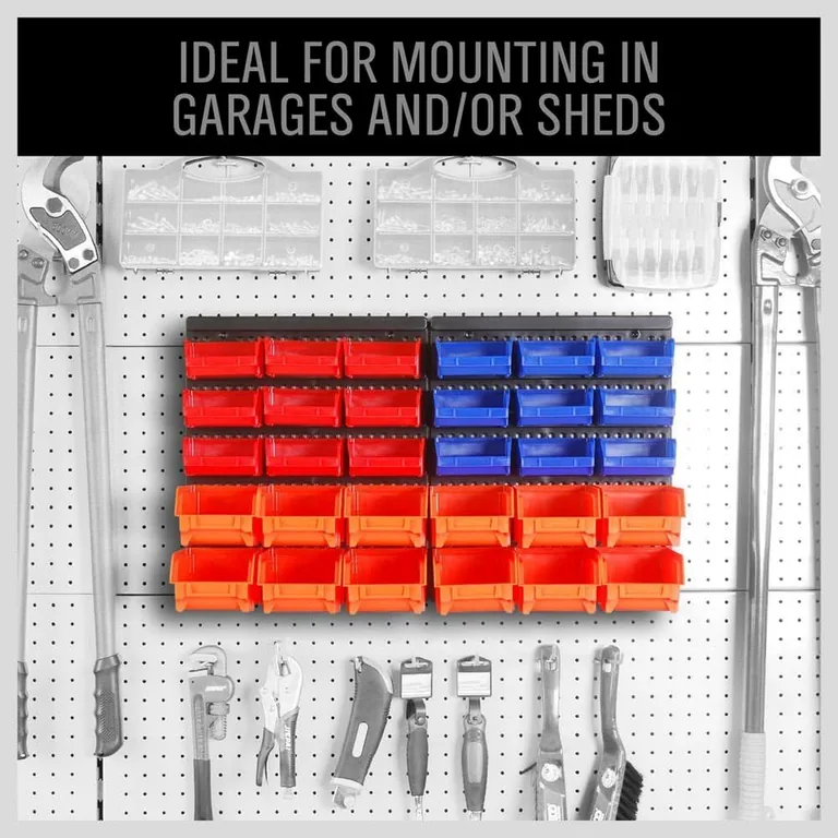 30-Bin Wall-Mounted Parts Rack — plan the wall before mounting
